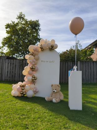 Gender reveal backdrop met organische ballonslinger, teddybeer en heliumballon